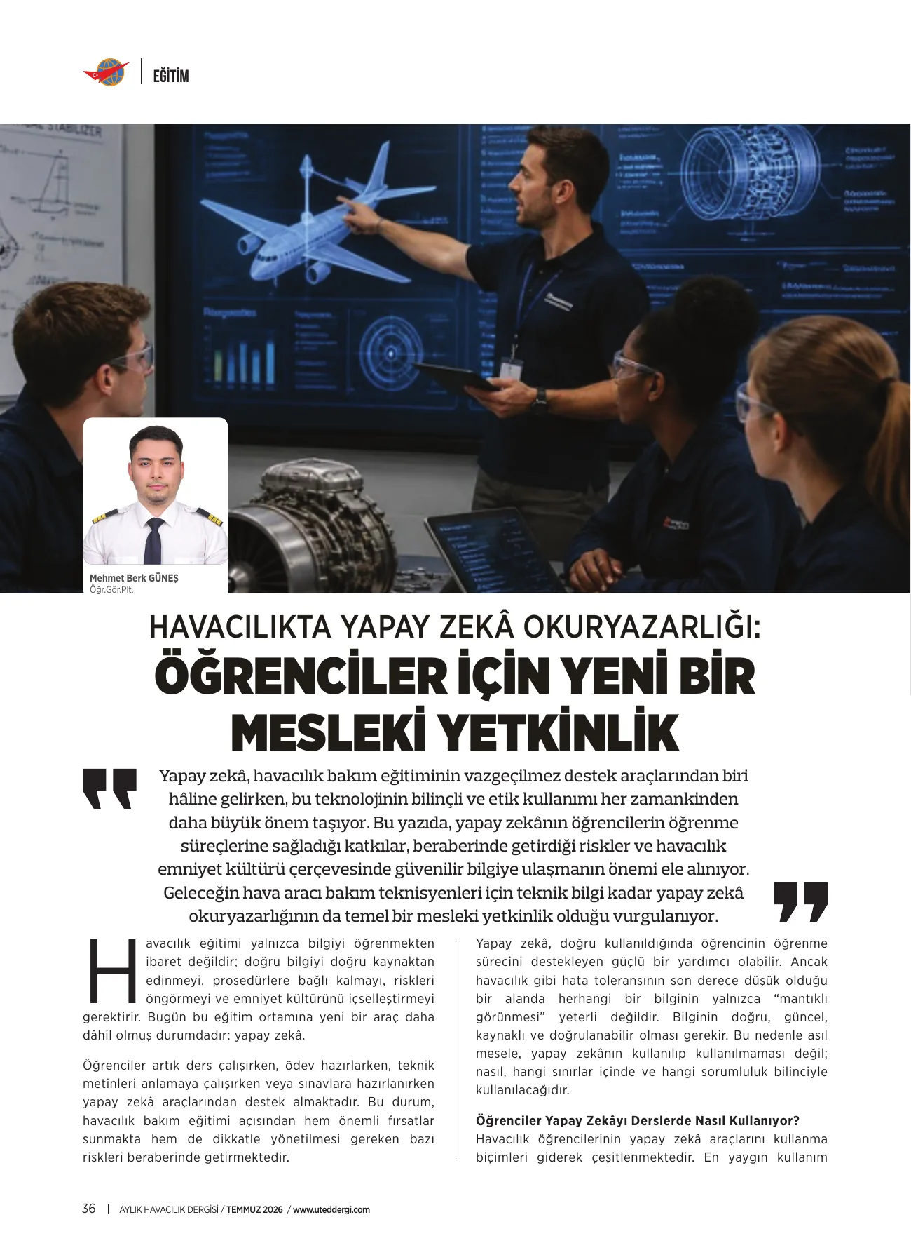 Havacılıkta Yapay Zekâ Okuryazarlığı yazısının Aylık Havacılık Dergisi 36. sayfası